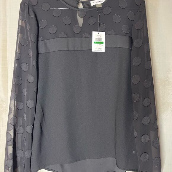 Calvin Klein new black long sleeve see through sleeve,‎ top blouse, size large - Picture 2 of 14